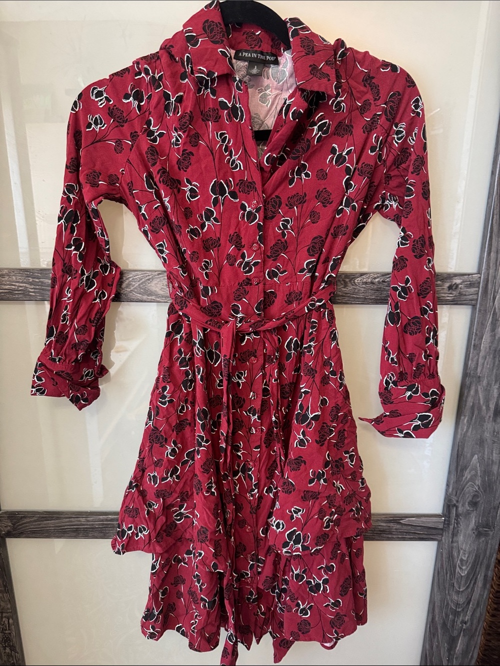 A Pea in the Pod Burgundy Floral Tiered Tie-Waist Maternity Dress